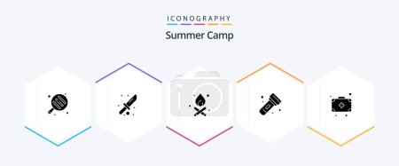 Téléchargez les illustrations : Camp d'été 25 Glyphe icône pack inclus. camper. feu de camp. Sac. lumière - en licence libre de droit