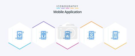 Téléchargez les illustrations : Application mobile 25 Pack icône bleue y compris l'application. app. streaming vidéo. app vidéo - en licence libre de droit