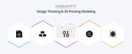 Téléchargez les illustrations : Design Thinking And D Printing Modeling 25 Glyph icon pack including server. object. search. layers. modification - en licence libre de droit