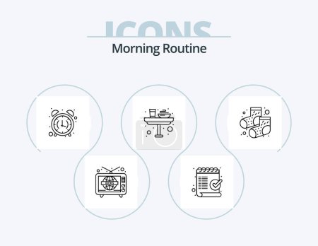Ilustración de Morning Routine Line Icon Pack 5 Icon Design. desayuno. Bolsa. desayuno. Maleta. negocios - Imagen libre de derechos