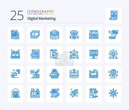 Téléchargez les illustrations : Digital Marketing 25 Blue Color icon pack including funnel. filter. video. data. laptop - en licence libre de droit