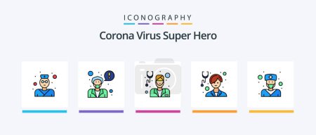 Ilustración de Corona Virus Super Hero Line Llenado 5 paquete de iconos Incluyendo el médico de edad. doctor. doctor. avatar. doctor. Diseño de iconos creativos - Imagen libre de derechos