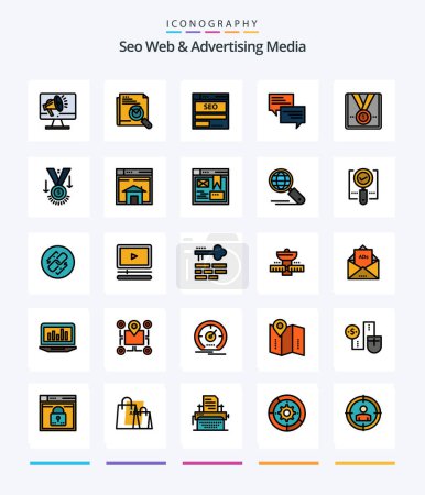 Téléchargez les illustrations : Creative Seo Web And Advertising Media 25 Line FIlled icon pack  Such As message. tech. page search. seo. data - en licence libre de droit