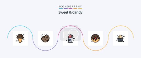 Téléchargez les illustrations : Sweet And Candy Line Filled Flat 5 Icon Pack Including dessert. food. food. doughnut. dessert - en licence libre de droit
