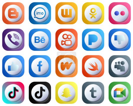 Illustration for Cute 3D Gradient Icons for Popular Social Media 20 pack such as facebook. pandora. flickr and kuaishou icons. Modern and High-Quality - Royalty Free Image