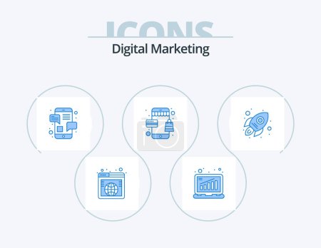 Ilustración de Digital Marketing Blue Icon Pack 5 Icon Design. Lanzamiento. Bolsa. charla. tienda. en línea - Imagen libre de derechos