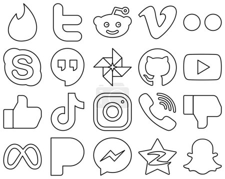 Illustration for 20 Simple and minimalist Black Outline Social Media Icons such as tiktok. like. skype. video and github icons. Minimalist and professional - Royalty Free Image