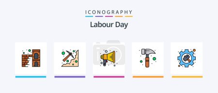 Téléchargez les photos : Labour Day Line Filled 5 Icon Pack Including concrete. tool. mining. cutting. axe. Creative Icons Design - en image libre de droit