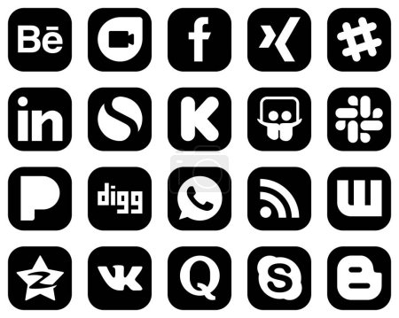 Ilustración de 20 Professional White Social Media Icons on Black Background such as rss. digg. professional. pandora and slideshare icons. Editable and high-resolution - Imagen libre de derechos