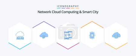 Téléchargez les illustrations : Pack d'icônes Network Cloud Computing et Smart City 25 Blue incluant la synchronisation. synchronisation. globe. synchronisation. partage - en licence libre de droit