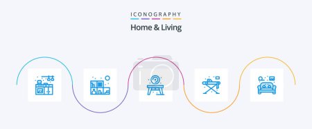 Illustration for Home And Living Blue 5 Icon Pack Including living. furniture. table. chair. iron - Royalty Free Image