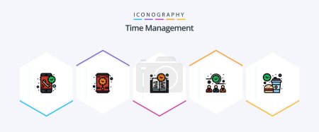 Téléchargez les illustrations : Time Management 25 FilledLine icon pack including food. break. book time. workers. meeting time - en licence libre de droit