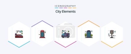 Téléchargez les illustrations : City Elements 25 FilledLine icon pack including traffic. traffic. car. signal. house - en licence libre de droit