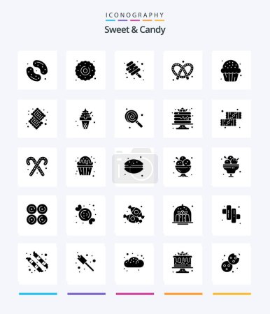 Téléchargez les illustrations : Creative Sweet And Candy 25 Glyphe Solide Black icône pack tels que des bonbons. De l'argent. Des bonbons. Du pain. bonbons - en licence libre de droit