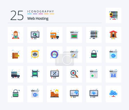 Téléchargez les illustrations : Web Hosting 25 Flat Color icon pack including server. data. hosting. error. browser - en licence libre de droit