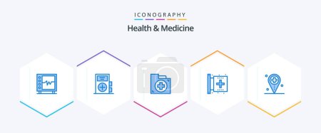 Illustration for Health and Medicine 25 Blue icon pack including fitness. center. health. folder. document - Royalty Free Image