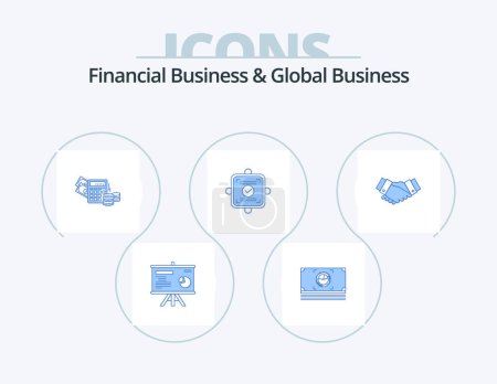 Téléchargez les illustrations : Affaires financières et affaires mondiales Blue Icon Pack 5 Icon Design. D'accord. accord. l'argent. carte. OK. - en licence libre de droit