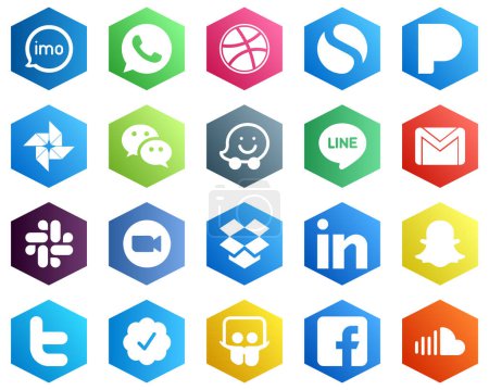 Ilustración de Hexagon Flat Color White Icon Collection such as zoom. mail. google photo. email and line icons. 25 High-quality Icons - Imagen libre de derechos