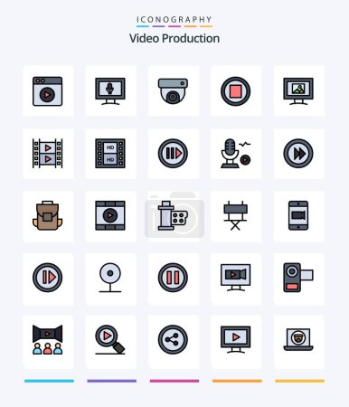 Illustration for Creative Video Production 25 Line FIlled icon pack  Such As media. photo. media. screen. stop - Royalty Free Image