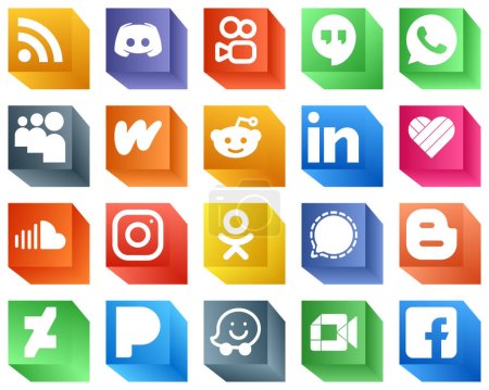 Ilustración de 20 Simple 3D Social Media Icons such as sound. likee. whatsapp. professional and reddit icons. Modern and minimalist - Imagen libre de derechos