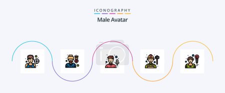 Téléchargez les illustrations : Homme Avatar Line Filled Flat Pack de 5 icônes y compris chanteur. artiste. Micro. travail. ingénieur - en licence libre de droit