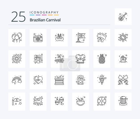 Téléchargez les illustrations : Brazilian Carnival 25 Line icon pack including flag. flag. cinema. carnival. banner - en licence libre de droit