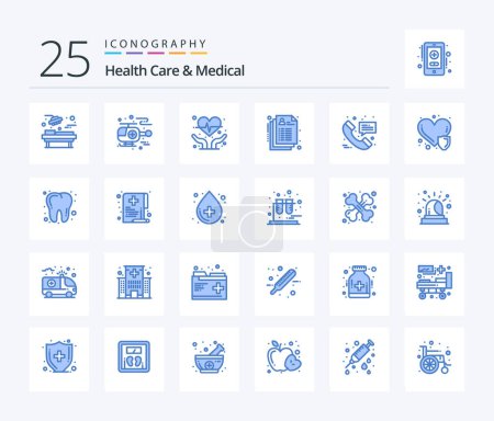 Téléchargez les illustrations : Soins de santé et médical 25 Blue Color icône pack y compris message. Appel à l'hôpital. soins cardiaques. Appelle. médical - en licence libre de droit