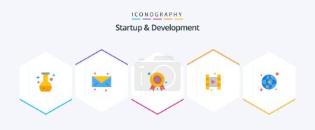 Illustration for Startup And Develepment 25 Flat icon pack including . map. award badge. world. play - Royalty Free Image