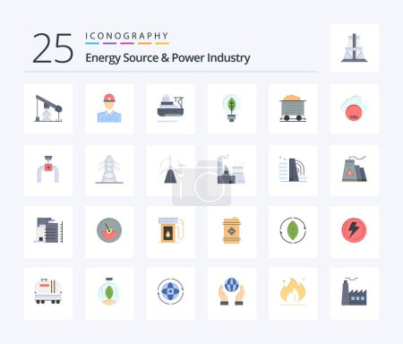 Téléchargez les illustrations : Energy Source And Power Industry 25 Flat Color icon pack including barrow. bulb. ship. power. nature - en licence libre de droit