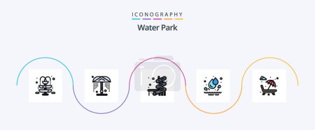 Téléchargez les illustrations : Water Park Line Rempli plat Pack de 5 icônes inclus. romantisme. Au parc. Au parc. chaise longue - en licence libre de droit