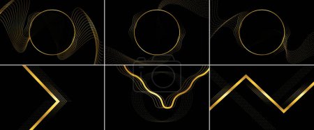 Ilustración de Abstract black circle shape with golden glowing frame and glitters vector illustration; geometric backdrop with golden glittering particles suitable for holiday banner design and minimalist decoration. - Imagen libre de derechos