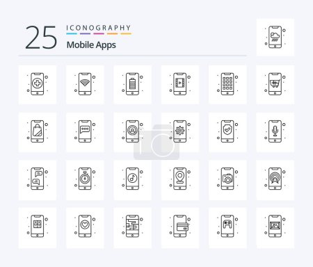 Téléchargez les illustrations : Mobile Apps 25 Line icon pack including device. video streaming. app. video player. smartphone - en licence libre de droit