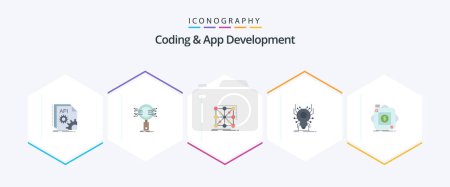 Ilustración de Coding And App Development 25 Flat icon pack including spider. bug. research. complex. app - Imagen libre de derechos