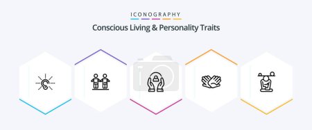 Téléchargez les illustrations : Concious Living And Personality Traits Pack icône de 25 lignes, y compris l'aide. les mains. groupe. la charité. personnes - en licence libre de droit