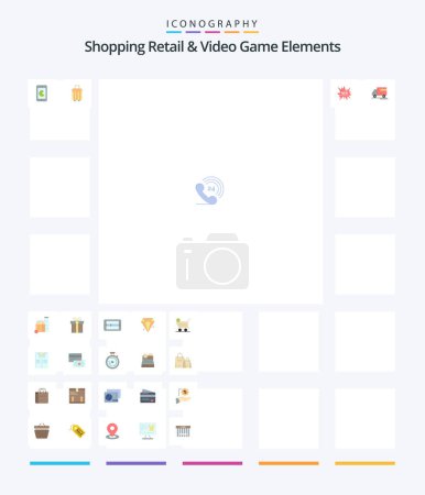 Téléchargez les illustrations : Creative Shoping Retail et les éléments de jeu vidéo 25 Pack icône plat tels que gooods. camion. téléphone. nouveau. achats - en licence libre de droit