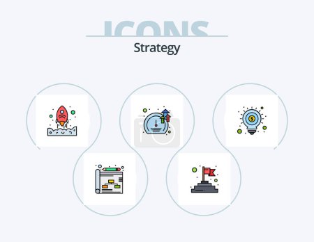 Téléchargez les illustrations : Stratégie ligne rempli Icône Pack 5 Icône Design. idée. concept. stratégie. ampoule. planification - en licence libre de droit