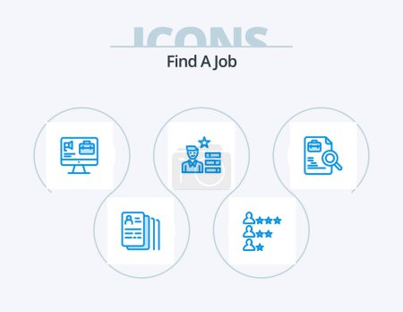 Illustration for Find A Job Blue Icon Pack 5 Icon Design. document. personal. computer. magnifier. find job - Royalty Free Image