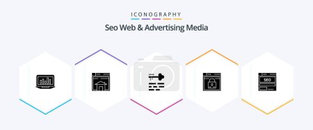 Téléchargez les illustrations : Seo Web et publicité Media 25 Glyphe icône pack y compris web. connexion. la disposition. connexion. serrure - en licence libre de droit