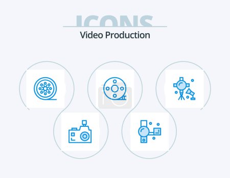 Illustration for Video Production Blue Icon Pack 5 Icon Design. clapper. action clapper. recording. vintage reel. movie reel - Royalty Free Image