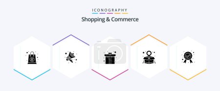 Illustration for Shopping And Commerce 25 Glyph icon pack including guaranteed label. award. heart gift. parcel location. package map - Royalty Free Image