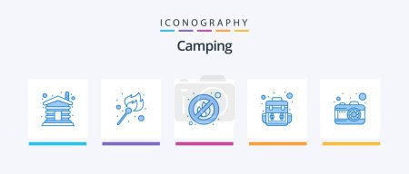 Ilustración de Camping Blue 5 Icon Pack Incluyendo. foto. Fuego. cámara. campamento. Diseño de iconos creativos - Imagen libre de derechos