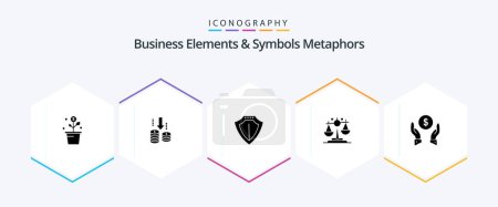 Illustration for Business Elements And Symbols Metaphors 25 Glyph icon pack including insurance. justice. analysis. law. protect - Royalty Free Image