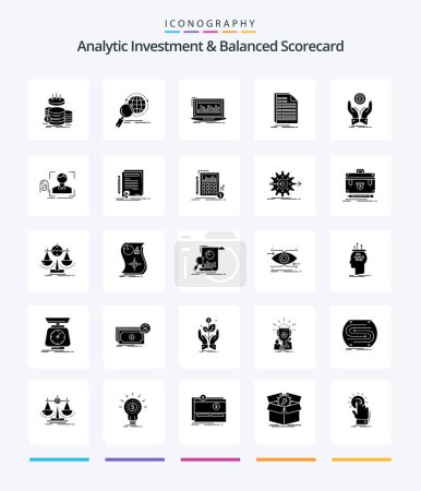 Ilustración de Creative Analytic Investment And Balanced Scorecard 25 Glyph Solid Black icon pack Tales como archivo. bill. investigación. acciones. índice - Imagen libre de derechos