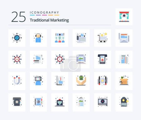 Ilustración de Paquete de iconos de marketing tradicional de 25 colores planos con caja. fax. reunión. contacto. taller - Imagen libre de derechos