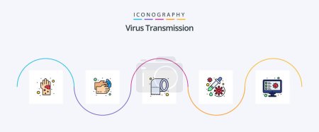 Ilustración de La línea de transmisión del virus llenó el paquete plano 5 del icono incluyendo la proyección. vacuna. limpieza. gotero. droga - Imagen libre de derechos