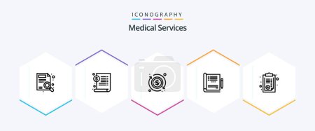 Illustration for Medical Services 25 Line icon pack including paper. document. dollar. report. healthcare - Royalty Free Image