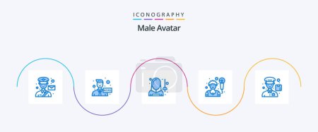 Téléchargez les illustrations : Pack Avatar Bleu 5 Icônes Homme, y compris le courrier. Mec. nouvelles. artiste. homme - en licence libre de droit