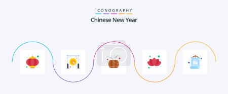 Téléchargez les illustrations : Pack de 5 icônes plat Nouvel An chinois, y compris chinois. prune. métal. fleur. tambour - en licence libre de droit