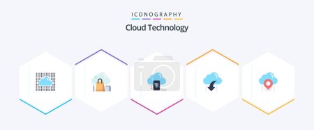 Téléchargez les illustrations : Cloud Technology 25 Pack d'icônes plates y compris vers le bas. télécharger. Sac. connecté. nuage - en licence libre de droit