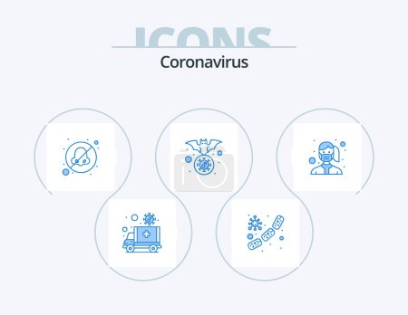 Ilustración de Coronavirus Blue Icon Pack 5 Icon Design. gripe. Portador. virus. Murciélago otorrinolaringólogo - Imagen libre de derechos